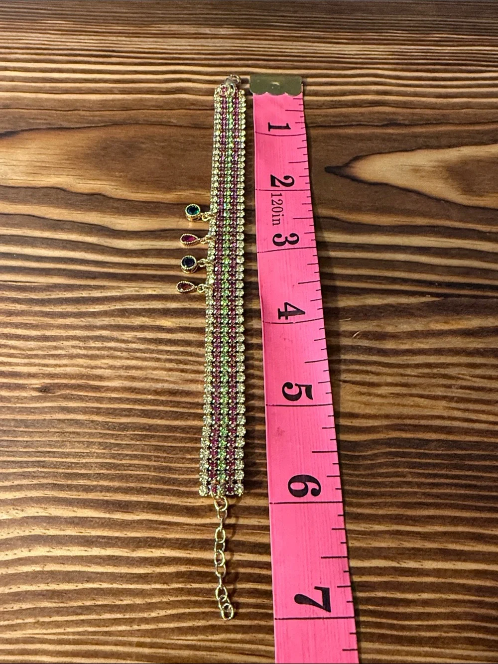 Gold-Tone Pink and Green Multi-Stone Bracelet with Dangle Charms